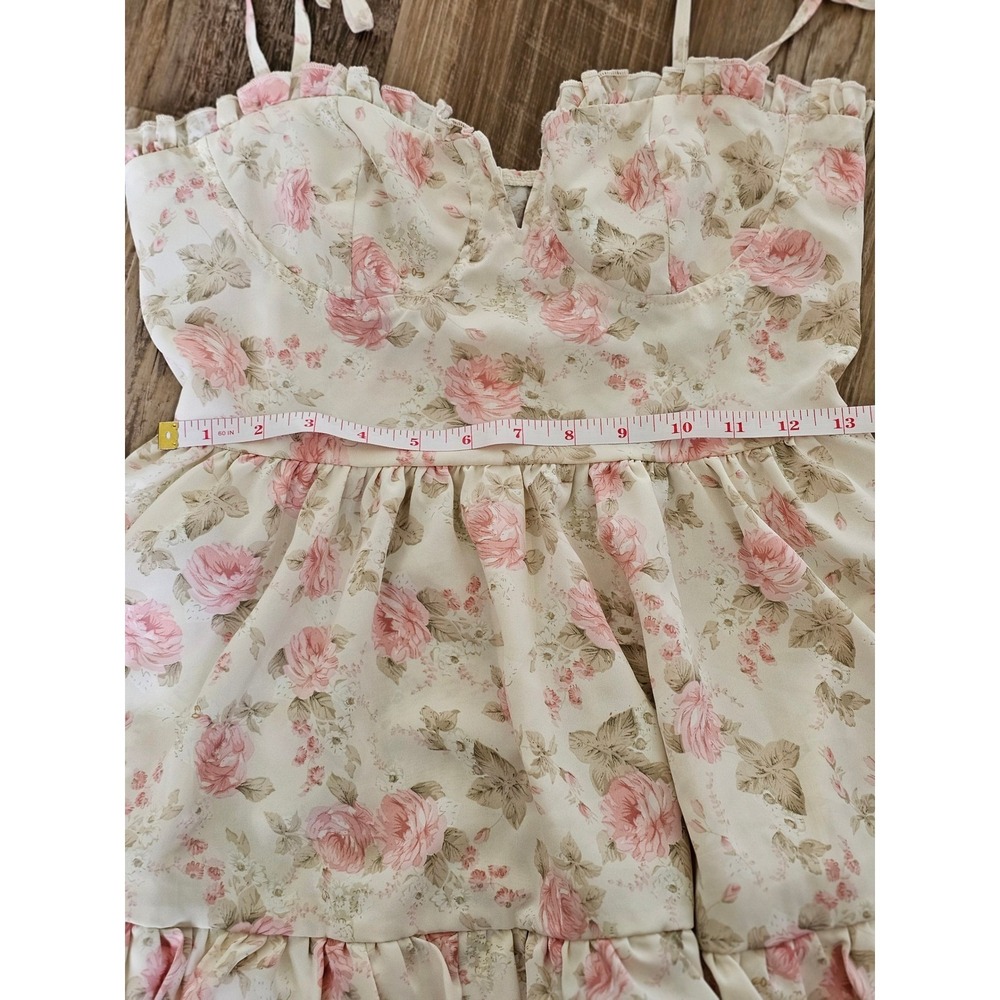 Floral Bustier Mini Dress Pink Rose Cottagecore Tiered Ruffle Sun Dress Cream - Picture 3 of 4